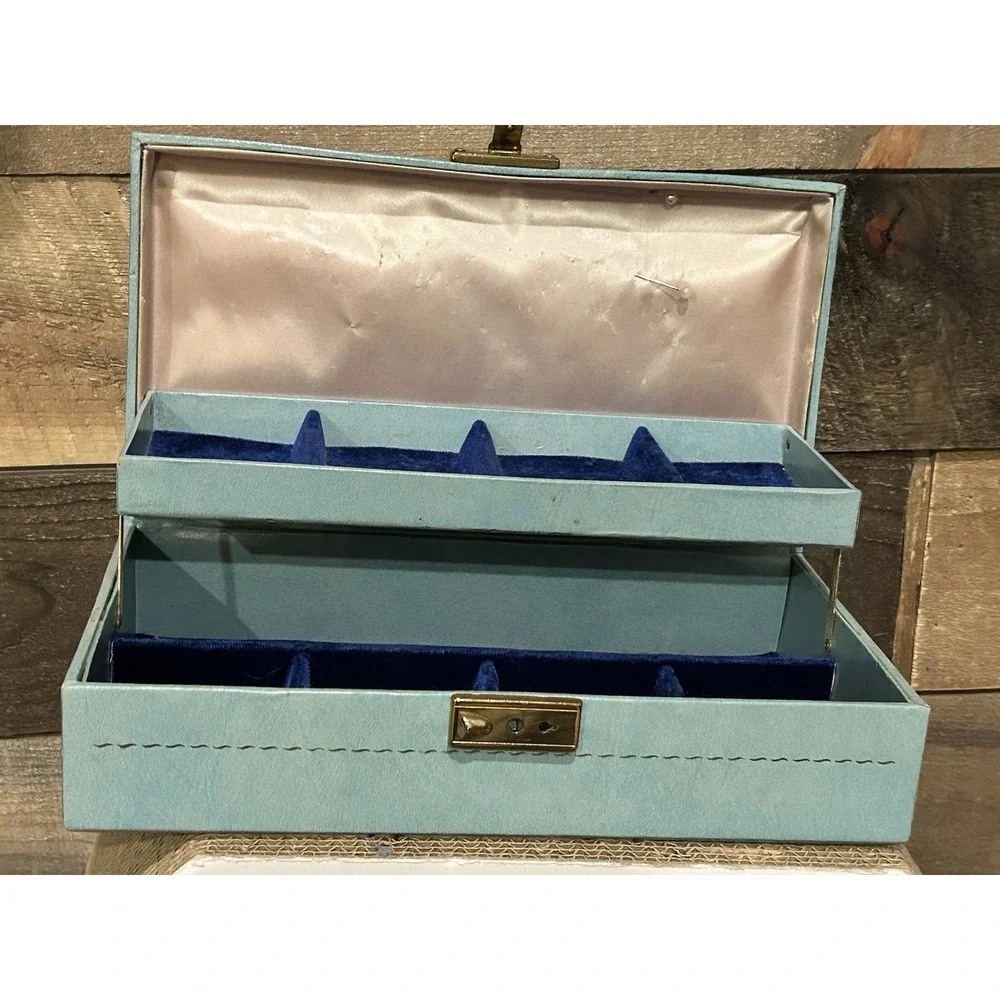 Vintage MCM Hinged 2 Tier Locking Jewelry Box Blue w/Blue Velvet Lining *No Key